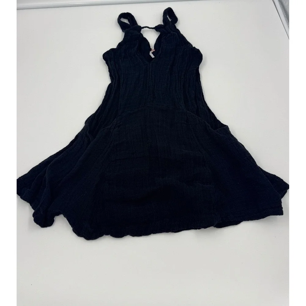 Free People XS Black Smooth Sailing Mini Dress Linen Gauze‎ Fabric Big Pockets
